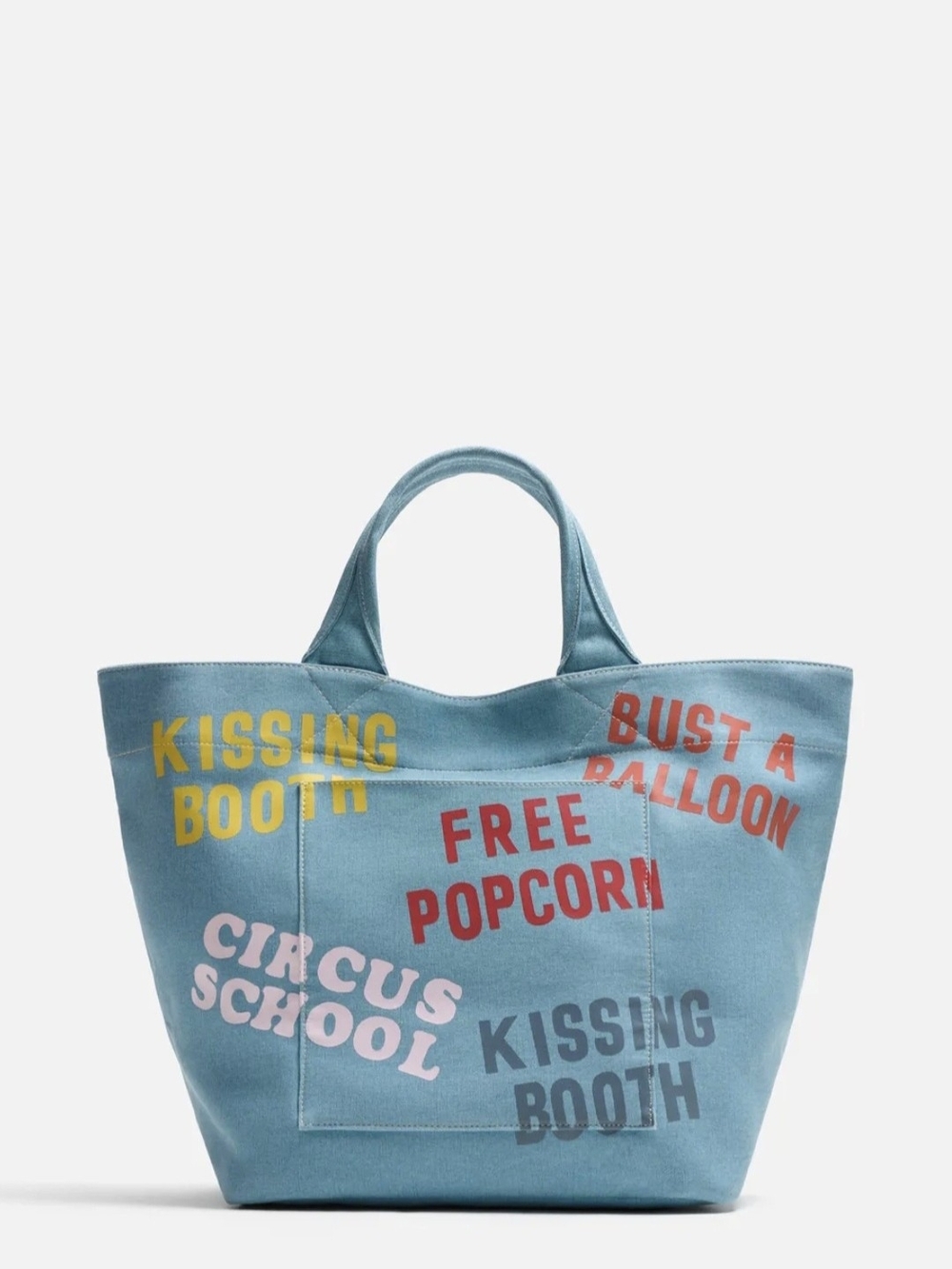 Zara Light Blue Canvas Tote with Multicolor Text. Comes With Cross Body Strap